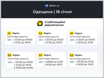 Графіки відключень в Одеській області 18 січня