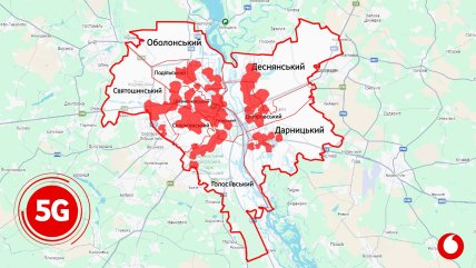 Карта тестового покриття у Києві від Vodafone