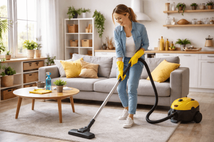 Девушка убирает в квартире