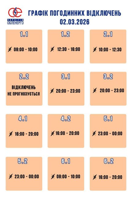 График отключения света в Чернигове и области 02.03.2026