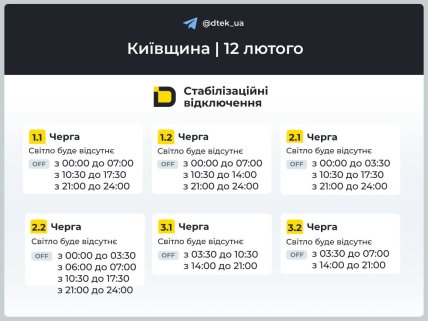 Графики отключений в Киевской области 12 февраля