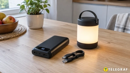 Черный пауэрбанк с цифровым дисплеем, USB-кабель и включенный кемпинговый светильник на столе