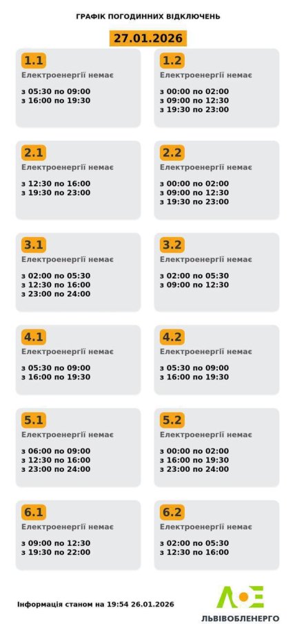 Графіки відключень у Львівській області 27 січня