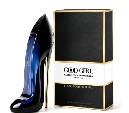 Синий флакон в форме туфли на каблуках и черная коробка Good Girl Carolina Herrera