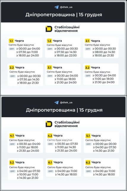 Графік відключення світла у Дніпропетровській області 15.12.2025