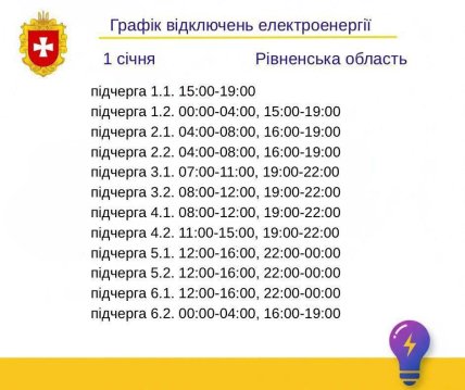 Графики отключений в Ровенской области 1 января