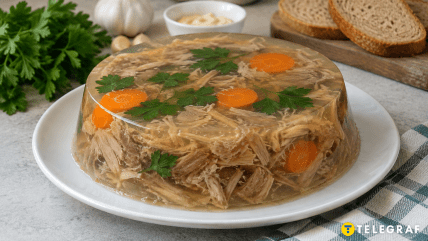 Холодец с мясом, кружочками моркови и зеленью на белой тарелке