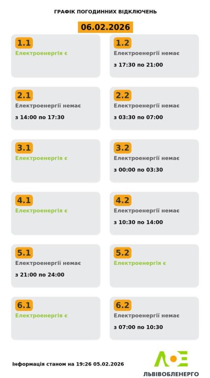 Графіки відключень у Львівській області 6 лютого