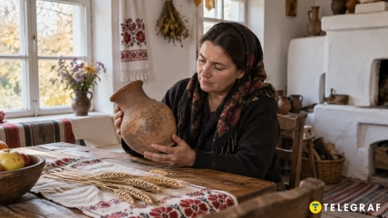 Женщина в платке рассматривает глиняный кувшин за столом с колосьями и вышитой скатертью
