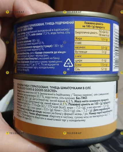 Состав тунца в масле от Своя линия и De Luxe Foods в АТБ