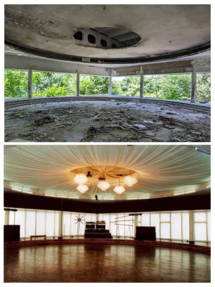 Зала санаторію "Дніпровський" зараз та в часи розквіту закладу