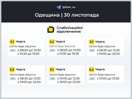 Графики отключений в Одесской области 30 ноября