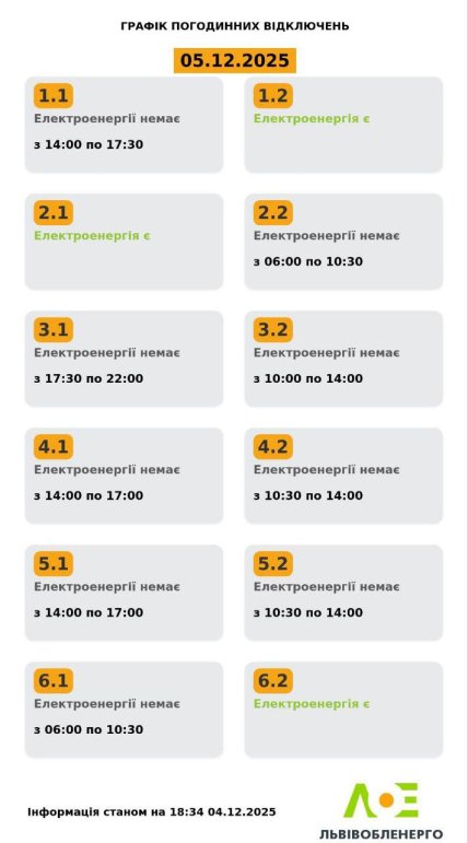 Графики отключений во Львовской области 5 декабря