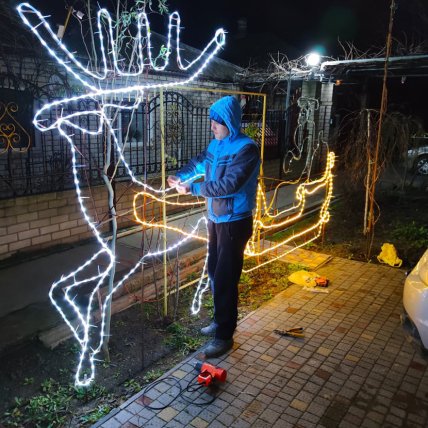 Чоловік біля неонового оленя