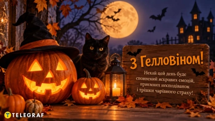 Чёрный кот, тыквы в шляпе ведьмы, фонарь и табличка с поздравлением на фоне полной луны