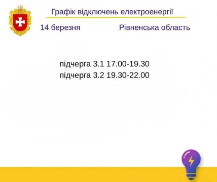 Графік відключення світла у Рівненській області 14.03.2026