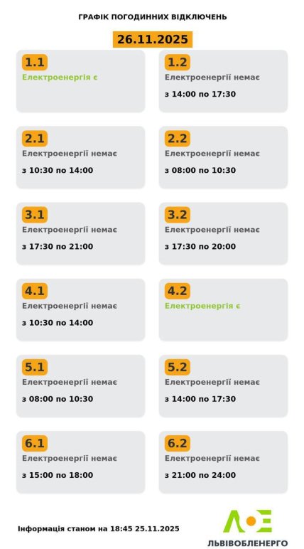 Графики отключений во Львовской области 26 ноября
