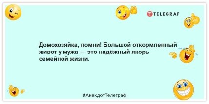 Анекдоты про домохозяек - Домохозяйка, помни! Большой откормленный живот у мужа — это надёжный якорь семейной жизни.