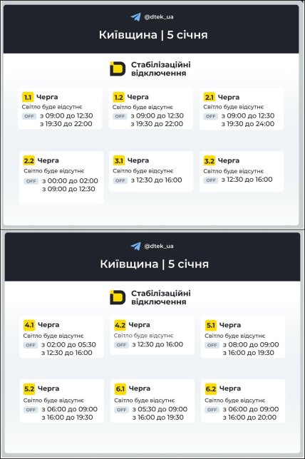 Графік відключення світла у Київській області 05.01.2026