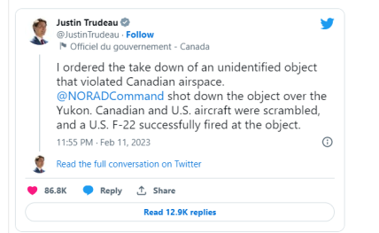 Трюдо уснул сбитие объекта над Канадой
