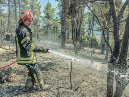 пожарный тушит лес в Греции