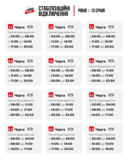 Графіки відключень у Рівненській області 13 січня