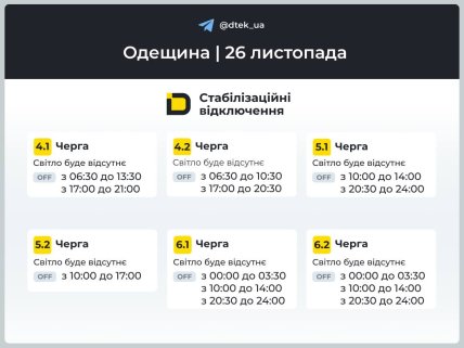 Графики отключений в Одесской области 26 ноября