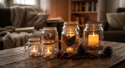 Уютные подсвечники из стеклянных банок