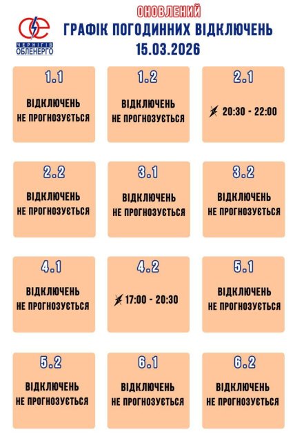 График отключения света в Чернигове и области 16.03.2026