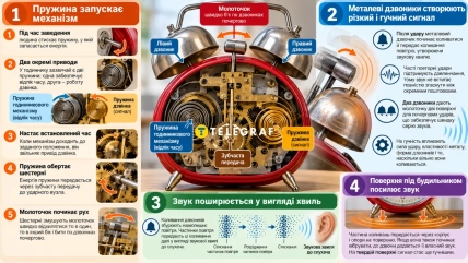 Инфографика с разобранным механическим будильником, двумя металлическими колокольчиками, молоточком и схемами звуковых волн