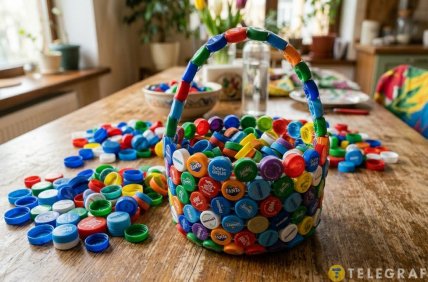 корзина из пластиковых крышек