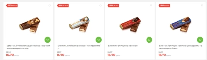 Четыре батончика Roshen на карточках товаров с ценниками