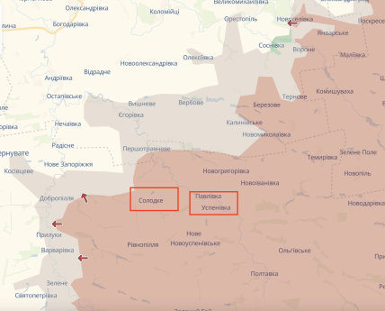 Сладкое, Павловка и Успеновка на карте