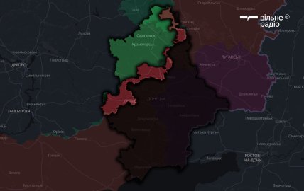 Красным цветом обозначена территория Донецкой области, которую за 2025 год захватила российская армия, зеленым – территории под контролем ВСУ