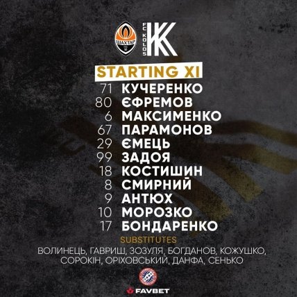 Стартовый состав Колоса на матч против Шахтера
