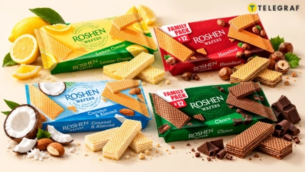 Пачки вафель Roshen со вкусами лимон-крем, фундук, кокос-миндаль и шоколад