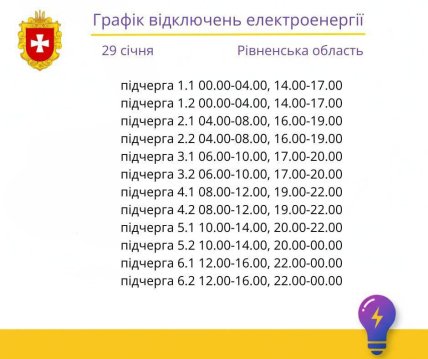 Графики отключений в Ровенской области 29 января