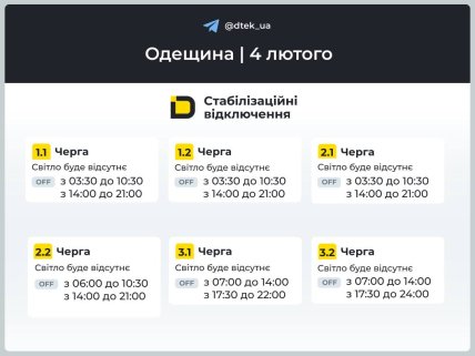 Графіки відключень в Одеській області 4 лютого