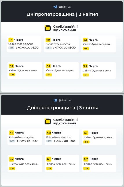 Графік відключення світла у Дніпропетровській області 03.04.2026