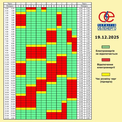 Графік відключення світла у Чернігові та області 19.12.2025