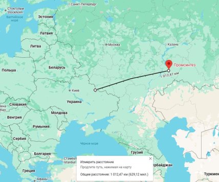 Расстояние удара Фламинго по заводу Промсинтез
