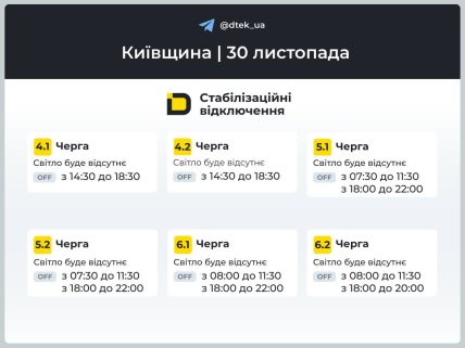 Графики отключений в Киевской области 30 ноября