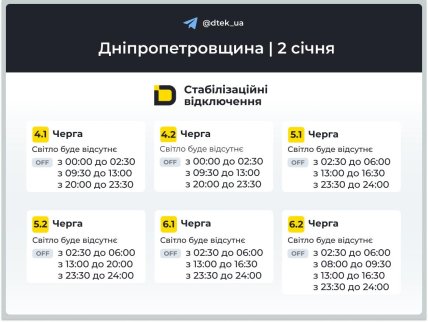 Графики отключений в Днепропетровской области 2 января