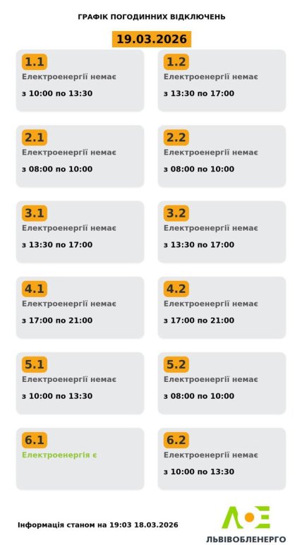 Графіки відключень у Львівській області 19 березня