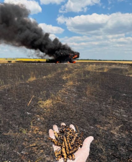 Горить після російського удару пшеничне поле та комбайн