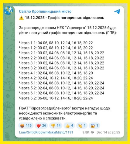 Графік відключення світла у Кропивницькому та Кіровоградській області 15.12.2025