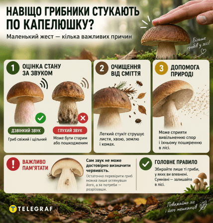 Зачем стучать по шляпке гриба. Инфографика: ИИ "Телеграф"