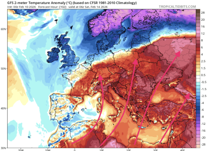 Температура воздуха в Европе 14 февраля
