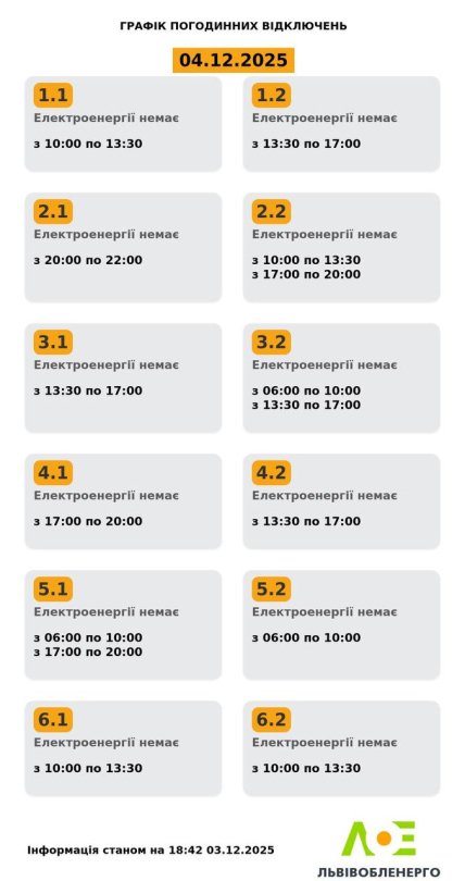 График отключений во Львовской области 4 декабря