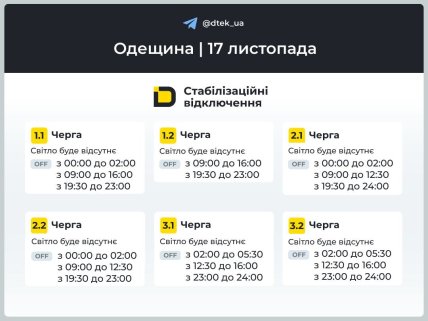 Графики отключения света в Одесской области 17 ноября